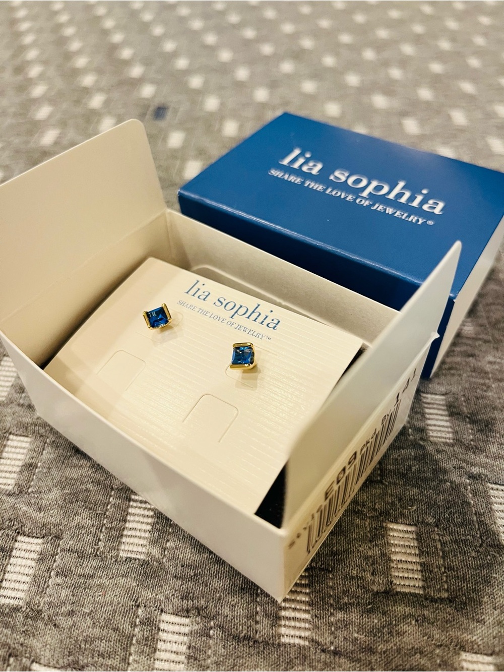 Lia Sophia Square Blue Stone Stud Earrings in Gold